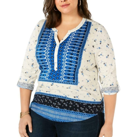 Style & Co Womens Plus Size Printed Y-Neck Roll-Tab Sleeve Tunic Top Blue - Picture 1 of 6